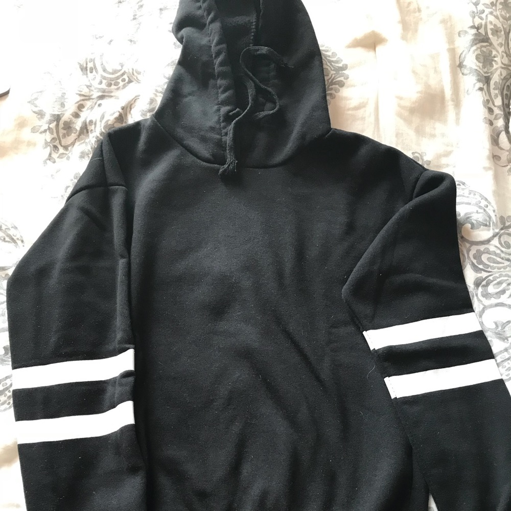 Black hoodie with white stripes